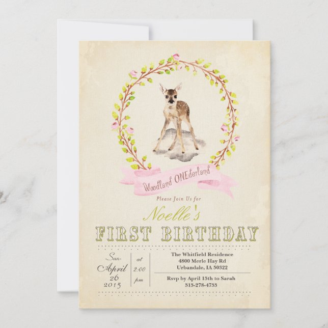 Convite de Veado para Menina no Primeiro Aniversár (Frente)