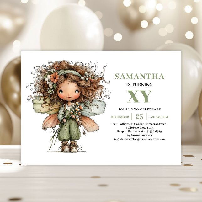 Convite de Verde para Aniversário de Menina Fada F (Cute Fairy Girl Birthday Greenery Invitation)