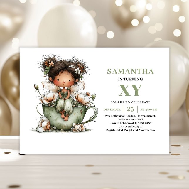 Convite de Verde para o 4º Aniversário da Menina F (Whimsy Fairy Girl 4th Birthday Greenery Invitation)