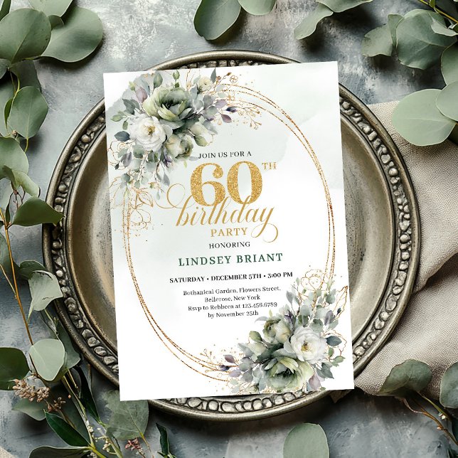 Convite de Verde Poeirento para 60º Aniversário co (Dusty Green 60th Birthday Greenery Invite

)