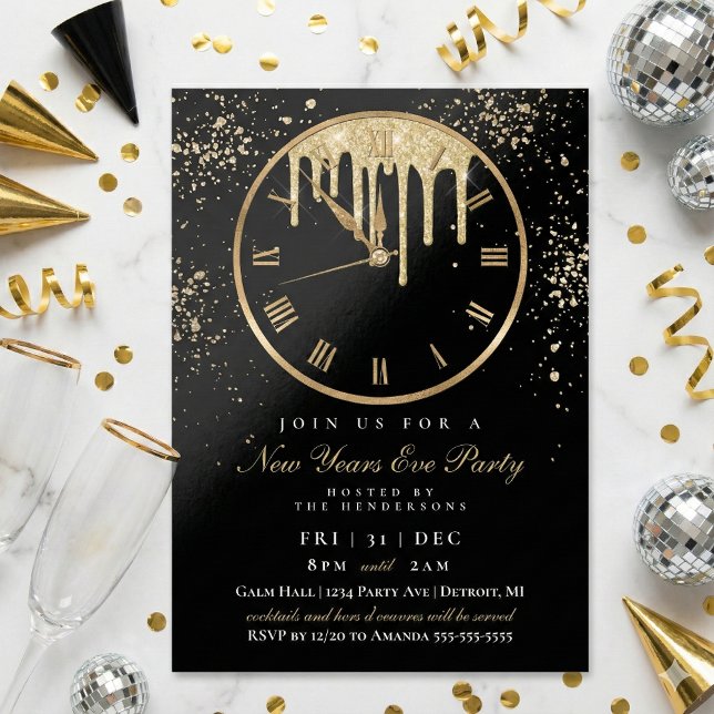 Convite de Véspera de ano novo de Relógio de Dispo (Elegant and Modern New Years Eve Party Clock Invitation)