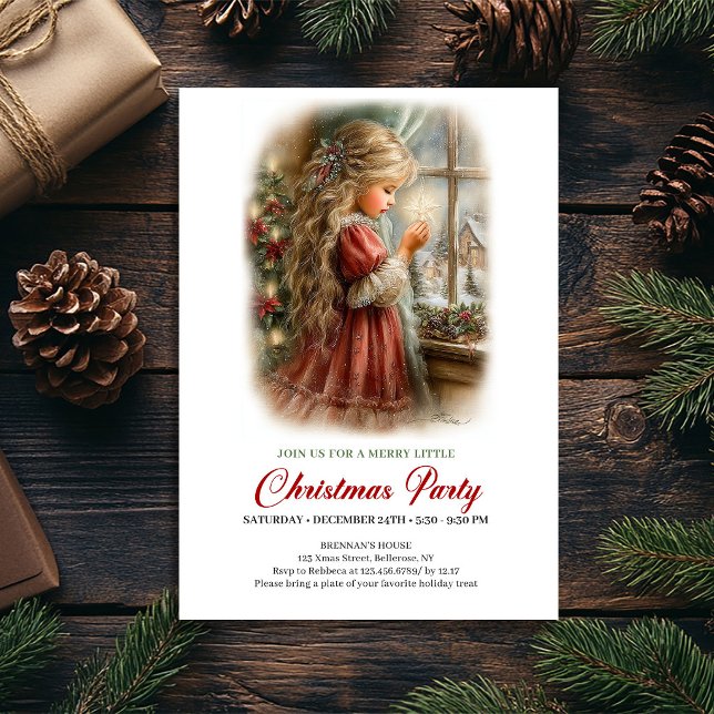 Convite de Véspera de Natal Cena de Natal de Menin (Christmas Eve Invitation Cute Girl Christmas Scene)