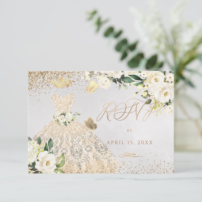 Convite de vestido de glitter dourado para RSVP de (Em pé/Frente)