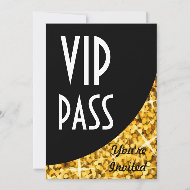Convite de "VIP Pass" preto com curva Dourada Glit (Frente)