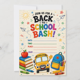 Convite de Volta às Aulas Bash Ônibus e Livros