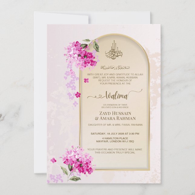 Convite de Walima de Luxo | Hortênsias Aquarela (Frente)