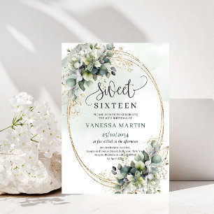 Convite de Watercolor Sweet 16 Verde Sálvia Boêmio
