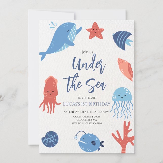 Convite Debaixo do Mar  Aniversário de Menino (Frente)