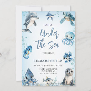 Convite Debaixo do Mar Oceano Azul Aniversário de 1 ano