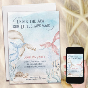 Convite Debaixo do Mar Pequena Sereia Aquarela Aniversário