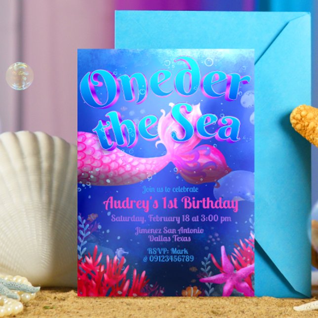 Convite Debaixo do Mar - Sereia (Oneder the Sea - Girl Mermaid 1st Birthday Invitation )
