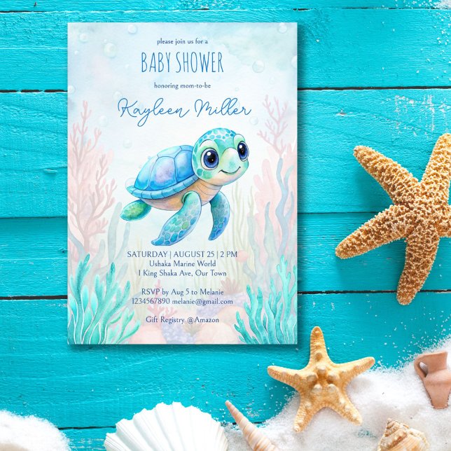 Convite Debaixo do mar, tartaruga fofa, azul aqua, chá de  (Under the sea cute baby sea turtle aqua blue boy baby shower invitation editable template digital)