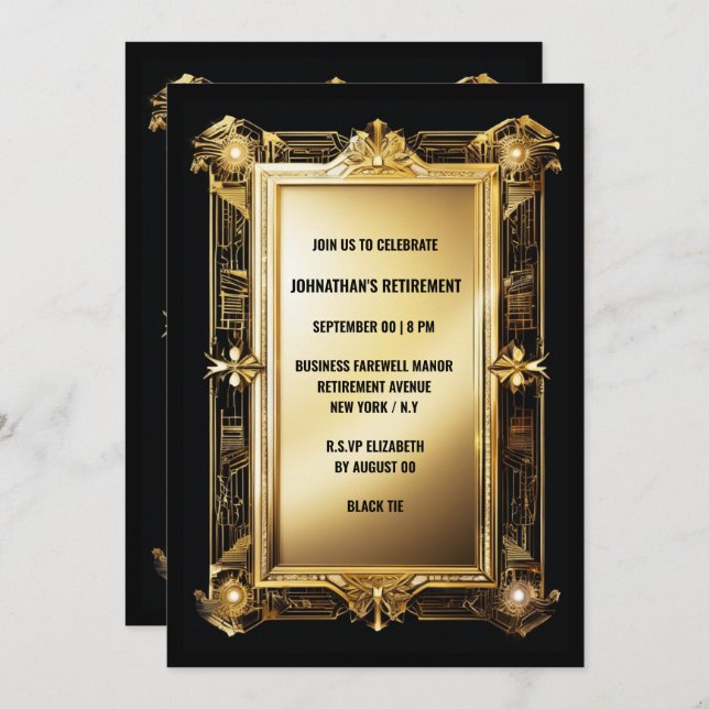 Convite decência de despedida de arte Dourada negra (Frente/Verso)