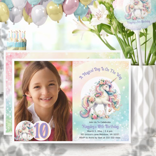 Convite Décimo Décimo Festa de aniversário do Unicórnio Pa (10th Tenth Unicorn Birthday Party Pastel Rainbow Invitation)