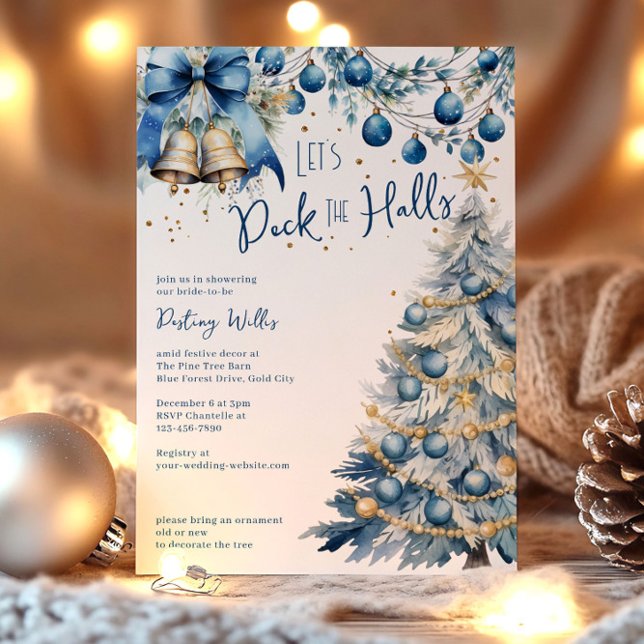 Convite Deck the Halls Blue Christmas Chá de panela (Deck the Halls Blue Christmas Bridal Shower Invitation by Darling & May)
