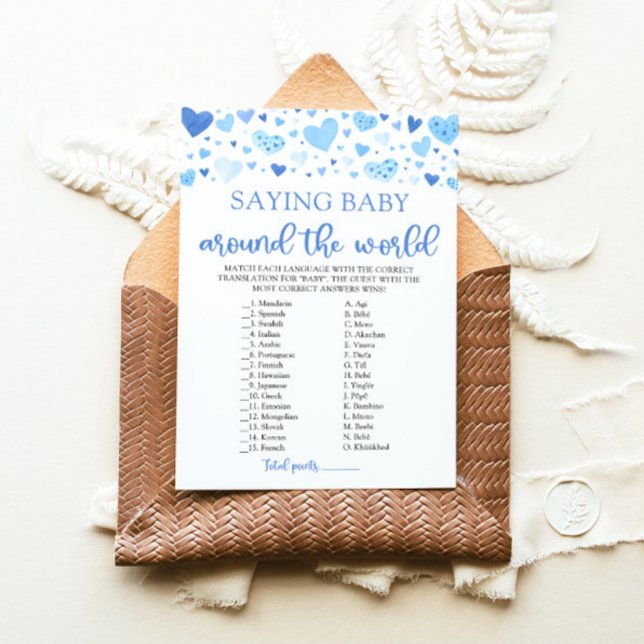 Convite Declaração Bebê ao Redor do Mundo (Watercolor Cute Blue Hearts Valentine Sweetheart  Boy Saying Baby Around The World Baby Shower Game)