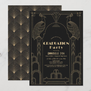 Convite Deco Artístico de 1920 Preto Graduação Pavão