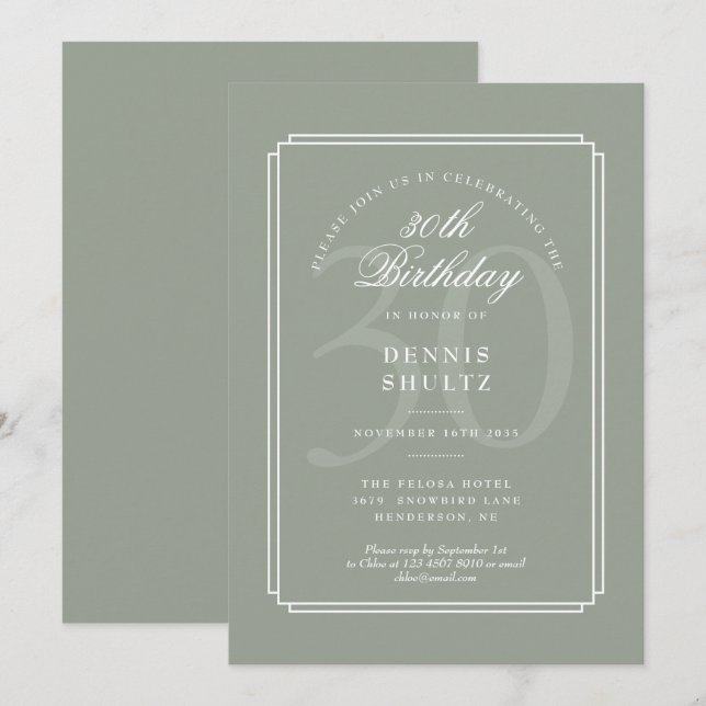 Convite Deco Clássico | Aniversário de 30 anos em Sage e B (Frente/Verso)