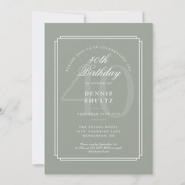 Convite Deco Clássico | Aniversário de 40 anos em Sage e B (Frente)