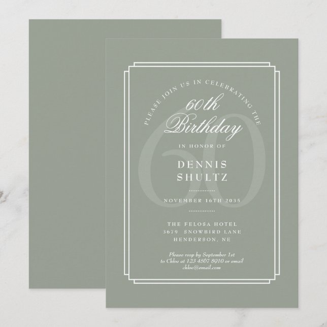 Convite Deco Clássico | Aniversário de 60 anos em Sage e B (Frente/Verso)