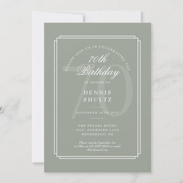 Convite Deco Clássico | Aniversário de 70 anos em Sage e B (Frente)
