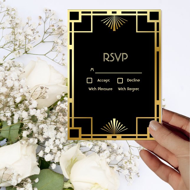 Convite Deco Clássico de Arte Dourado na Placa RSVP de Ima (Criador carregado)