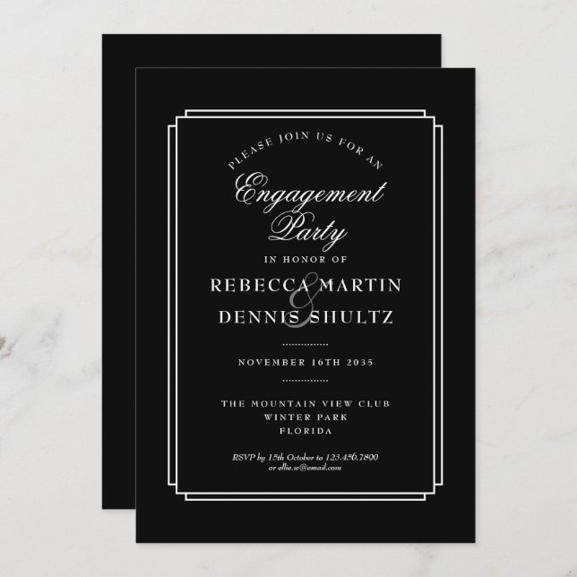 Convite Deco Clássico | Festa de noivado Preta e Branca (Frente/Verso)