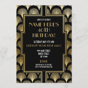 Convite Deco de Arte de 1920, Gatsby Party Black & Dourado