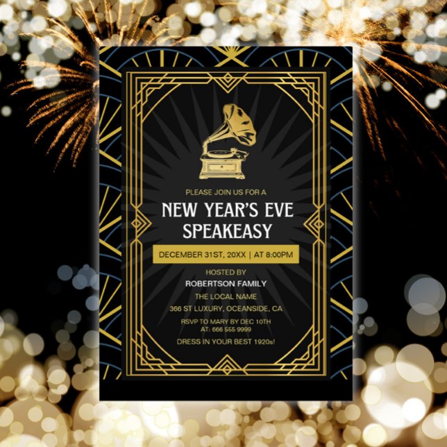 Convite Deco de Arte do Festa de Ano Novo (NYE party celebration art deco gramophone invitation)