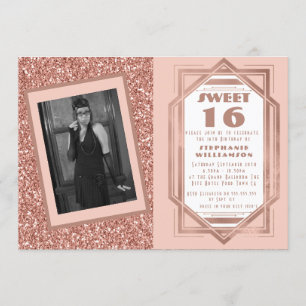 Convite Deco doce 16 rosa dourado brilho Gatsby foto