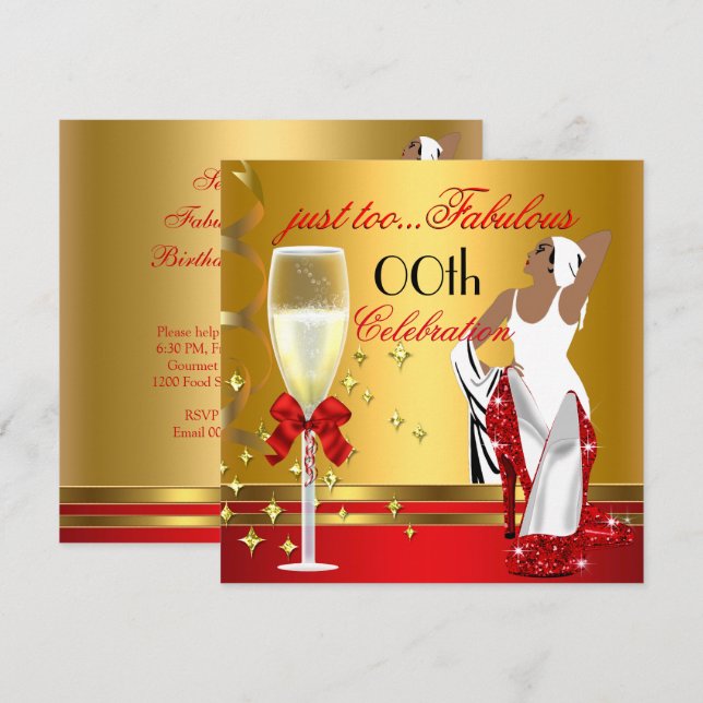 Convite Deco Lady Red Dourada Muito Fabulosa Festa de aniv (Frente/Verso)