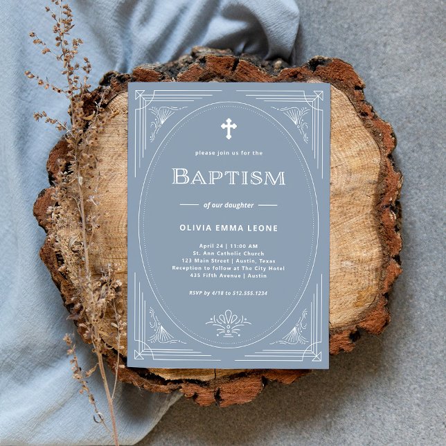 Convite Deco Moderno | Batismo Elegante Azul e Branco (An elegant, dusty blue and white Baptism invitation for a boy or a girl)