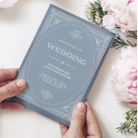 Convite Deco Moderno | Casamento de Elegante Azul e Branco<br><div class="desc">Estes convites de casamento glamourosos apresentam um spin moderno em deco de arte clássico. Uma estrutura geométrica branca e ornamentado e ornamentação decoram um elegante fundo azul empoeirado para um olhar dramático e casamento vintage.</div>