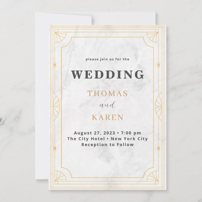 Convite Deco Moderno | Casamento de mármore branco (Frente)