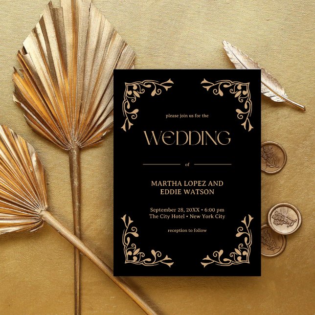 Convite Deco Moderno | Casamento Elegante em Preto e Doura (Elegant black and gold wedding invitation creates a luxe, personalized welcome for your guests)