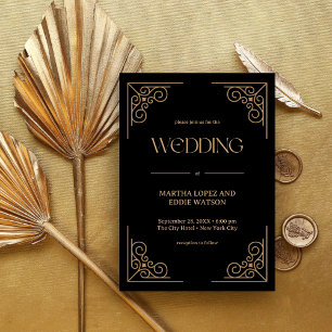 Convite Deco Moderno   Casamento Elegante em Preto e Doura