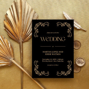 Convite Deco Moderno Casamento Elegante em Preto e Doura