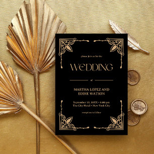Convite Deco Moderno   Casamento Elegante em Preto e Doura