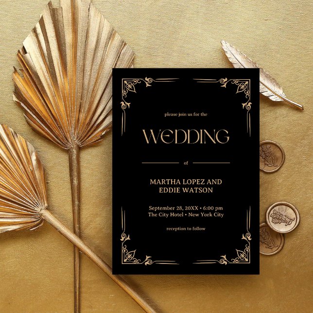 Convite Deco Moderno | Casamento Elegante em Preto e Doura (Modern deco black and gold invitation adds elegant charm to your personalized wedding day.)