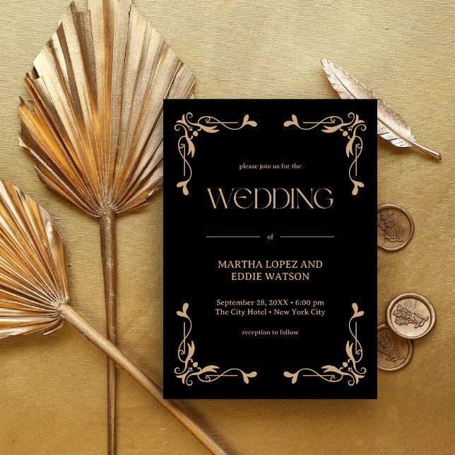 Convite Deco Moderno | Casamento Elegante em Preto e Doura (Criador carregado)