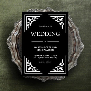 Convite Deco Moderno   Casamento Elegante Preto e Branco c