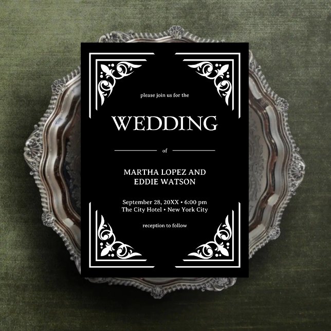 Convite Deco Moderno | Casamento Elegante Preto e Branco c (Modern deco onyx black and white wedding invitation adds bold elegance to your special day.)