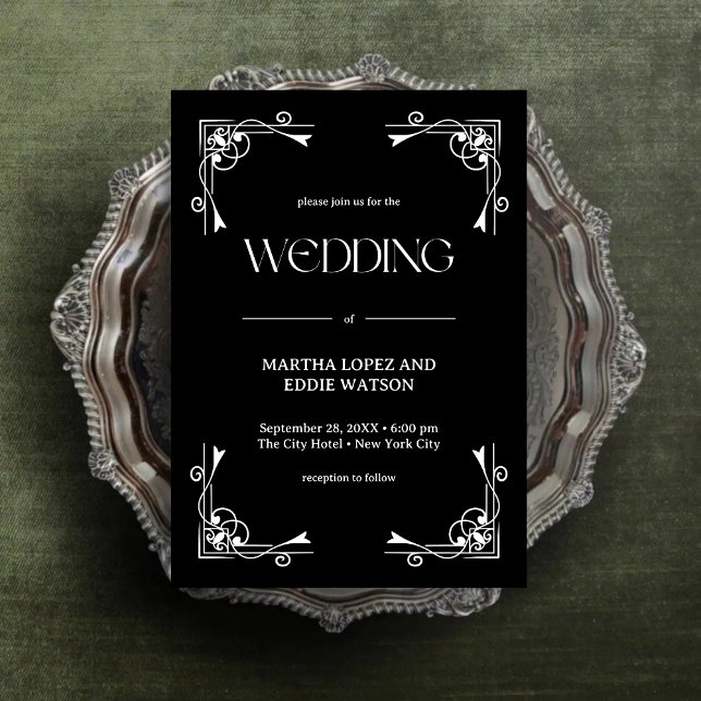Convite Deco Moderno | Casamento Elegante Preto e Branco c (Modern deco onyx black and white invitation adds timeless elegance to your special day.)