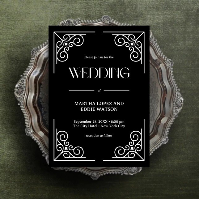 Convite Deco Moderno | Casamento Elegante Preto e Branco c (Modern deco onyx black and white invitation adds refined elegance to your modern wedding.)