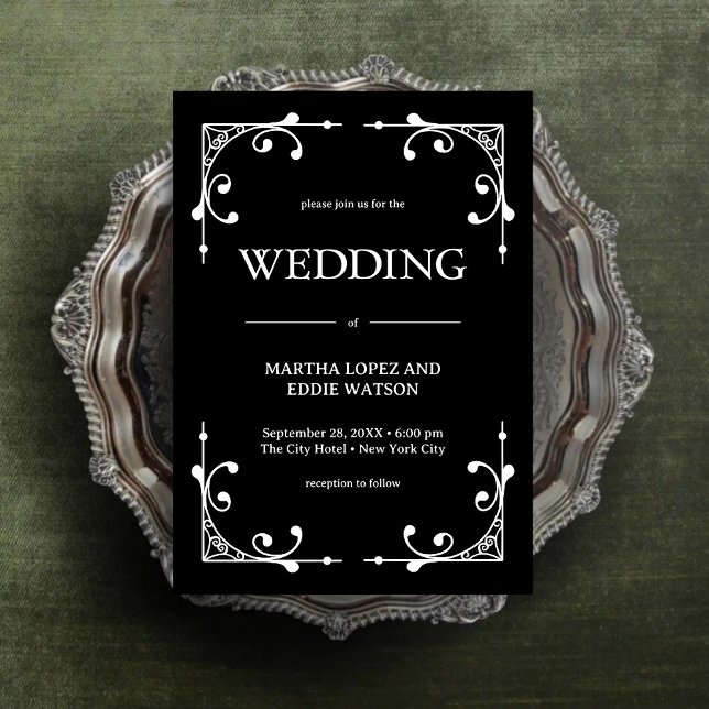 Convite Deco Moderno | Casamento Elegante Preto e Branco e (Modern deco onyx black and white wedding invitation adds bold style to your elegant celebration.)