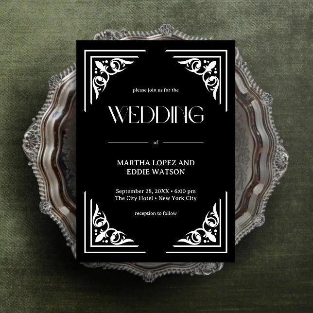 Convite Deco Moderno | Casamento Elegante Preto e Branco e (Modern deco onyx black and white wedding invitation creates a bold, timeless first impression.)