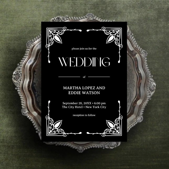 Convite Deco Moderno | Casamento Elegante Preto e Branco e (Modern deco onyx black and white invitation adds timeless elegance to your unique wedding.)
