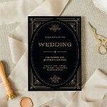 Convite Deco Moderno | Casamento negro e Dourado legante<br><div class="desc">Estes convites de casamento glamourosos apresentam um spin moderno em deco de arte clássico. Um ornamentado,  falso quadro geométrico dourado e ornamentação decoram um elegante fundo preto escuro para um olhar dramático e casamento vintage.</div>