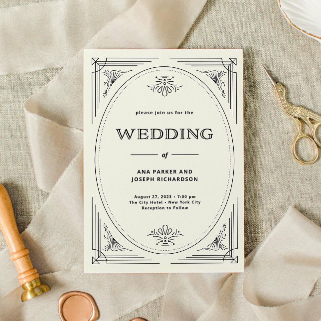 Convite Deco Moderno | Casamento negro e marfim legante (Criador carregado)