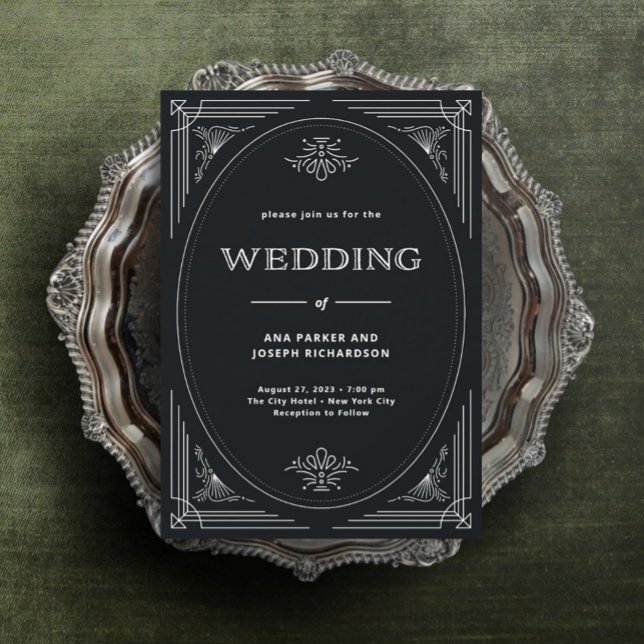 Convite Deco Moderno | Casamento preto e branco Elegante O (An elegant and dark art deco wedding invitation, perfect if black is one of your wedding colors.)